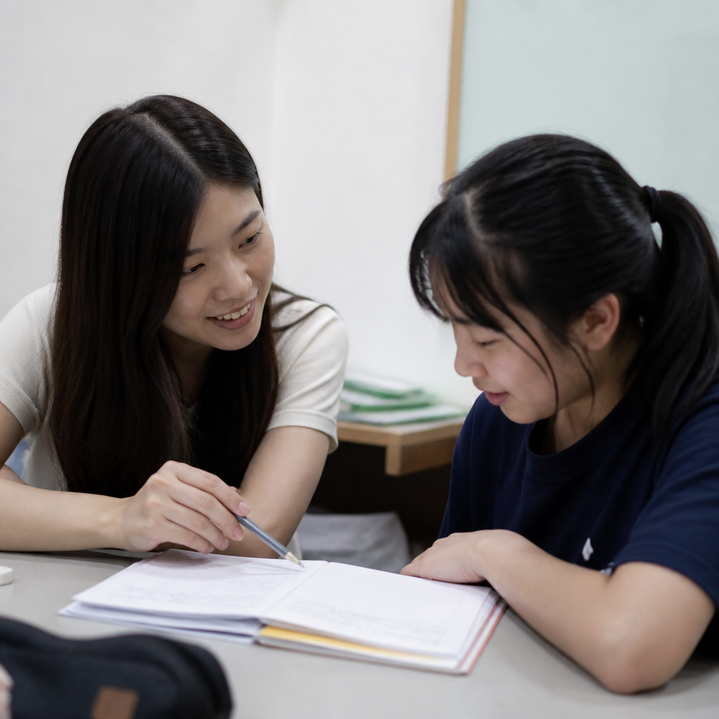 A tutor guiding a student through English exam preparation in Singapore.