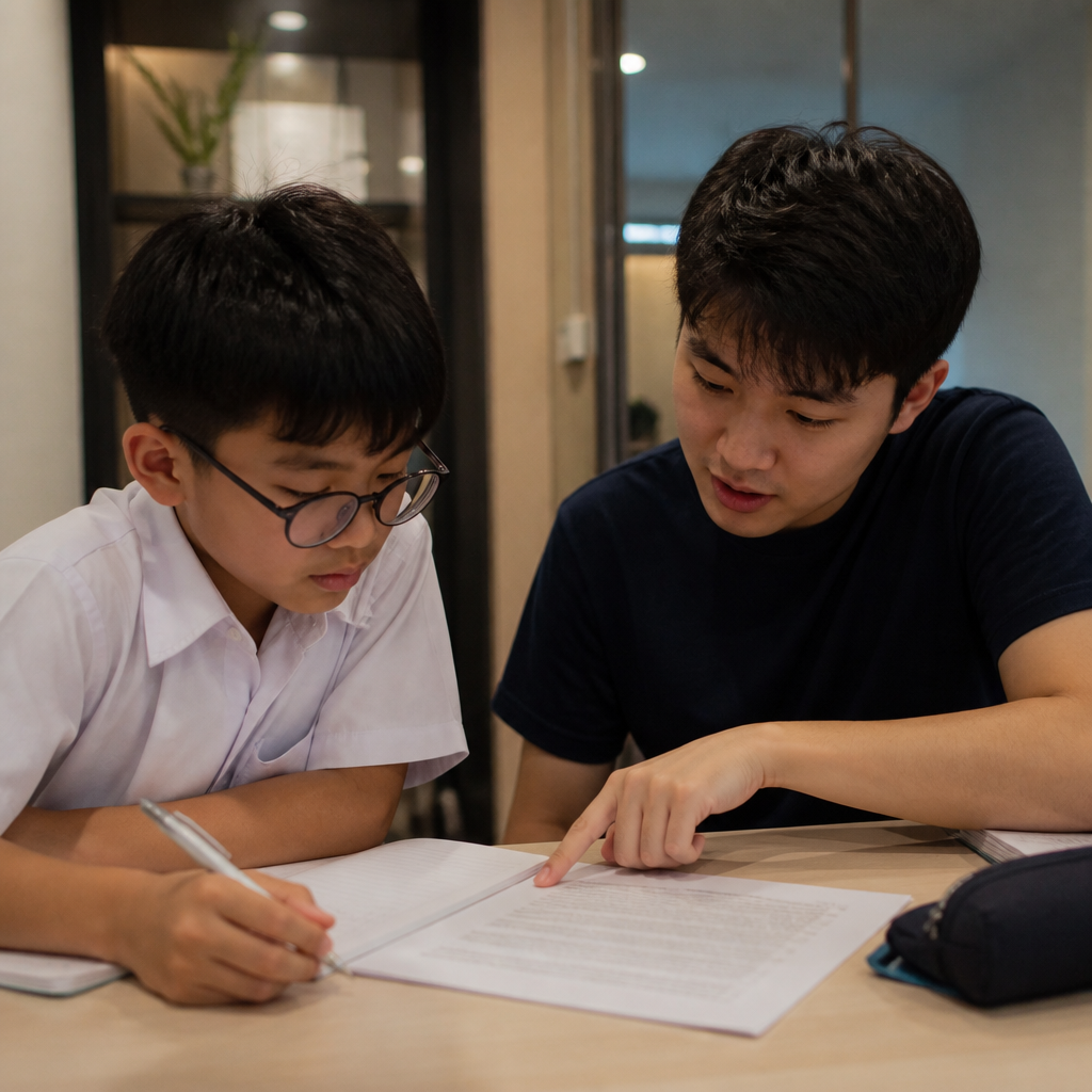 A Singapore tutor guiding a student through English comprehension practice at a study desk.