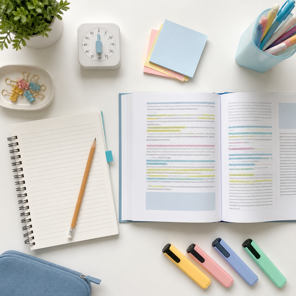 English comprehension study materials arranged on a clean desk for focused revision.