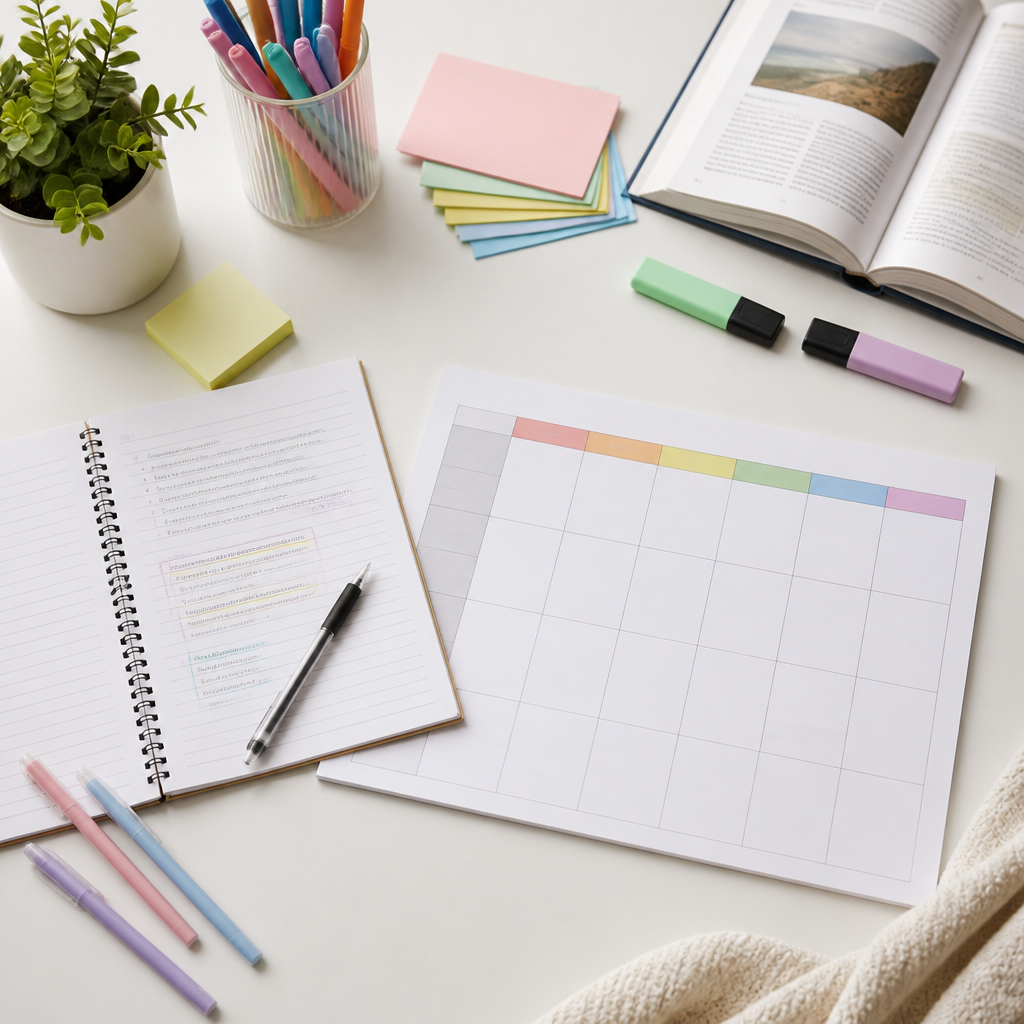 A weekly English comprehension revision plan with study tools laid out neatly.