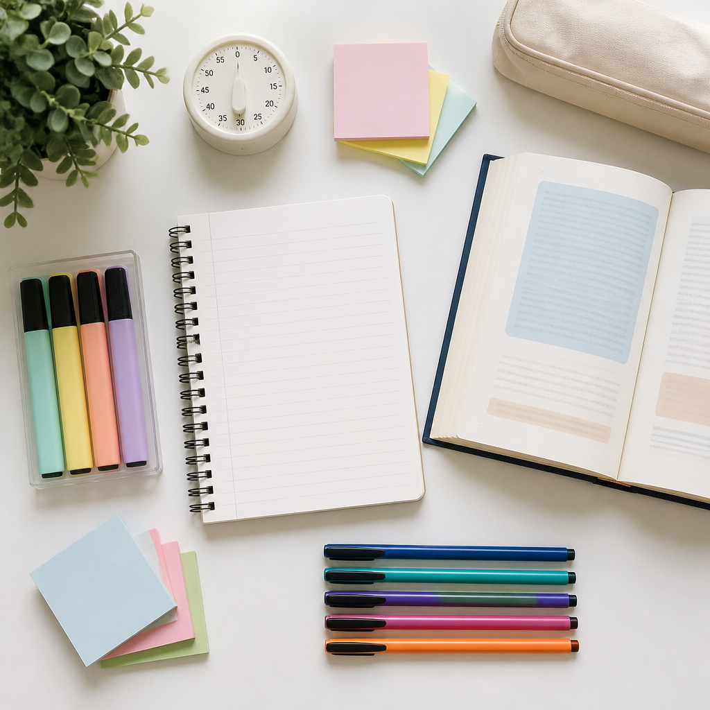 A neat English comprehension study flat lay with revision tools for exam practice.