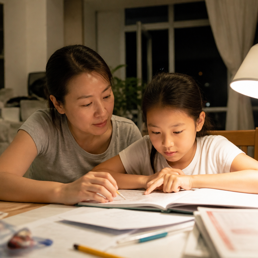An Asian parent and child working through an English comprehension question at a HDB dining table in Singapore.