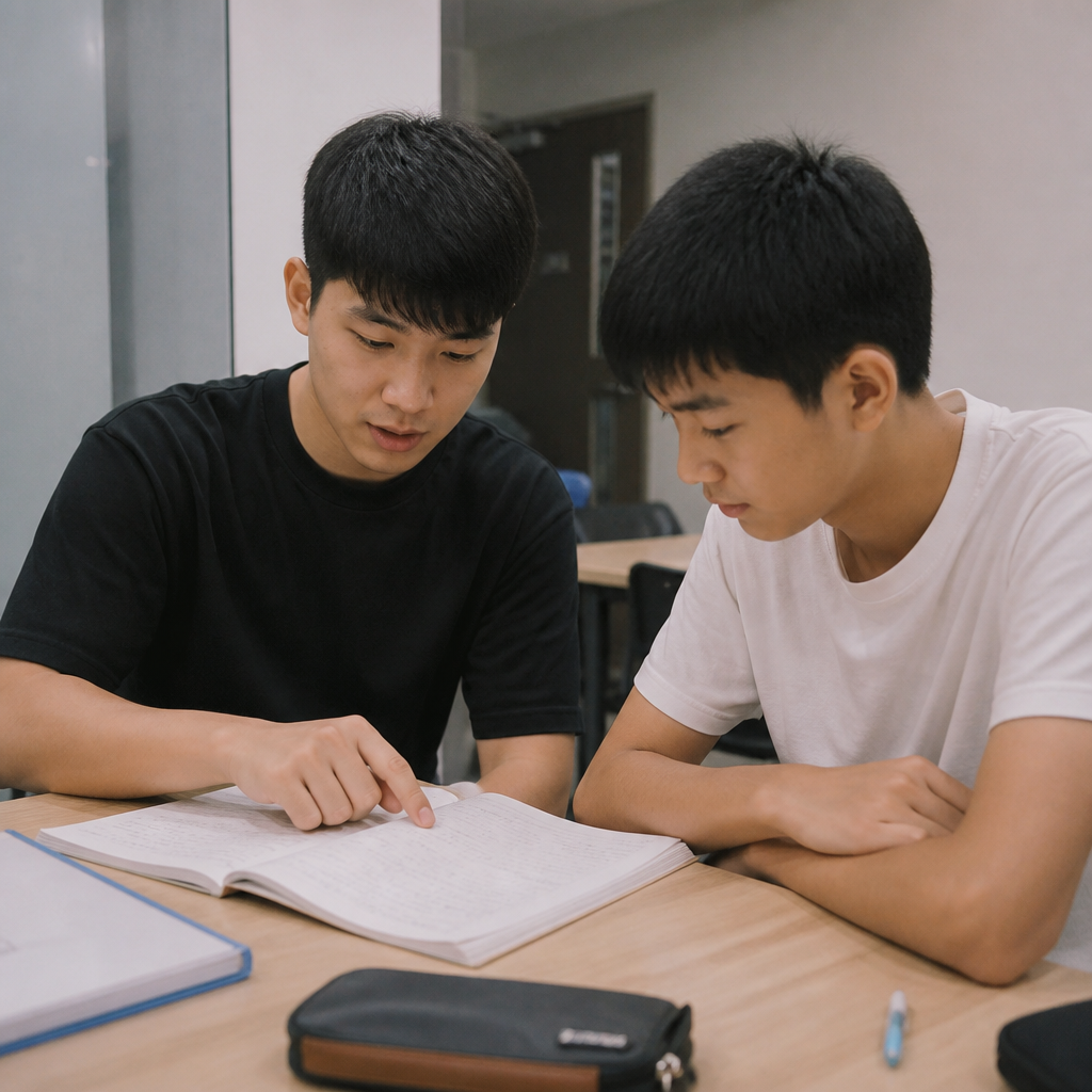 A Singapore tutor helping a student improve English comprehension answering techniques during a tuition lesson.