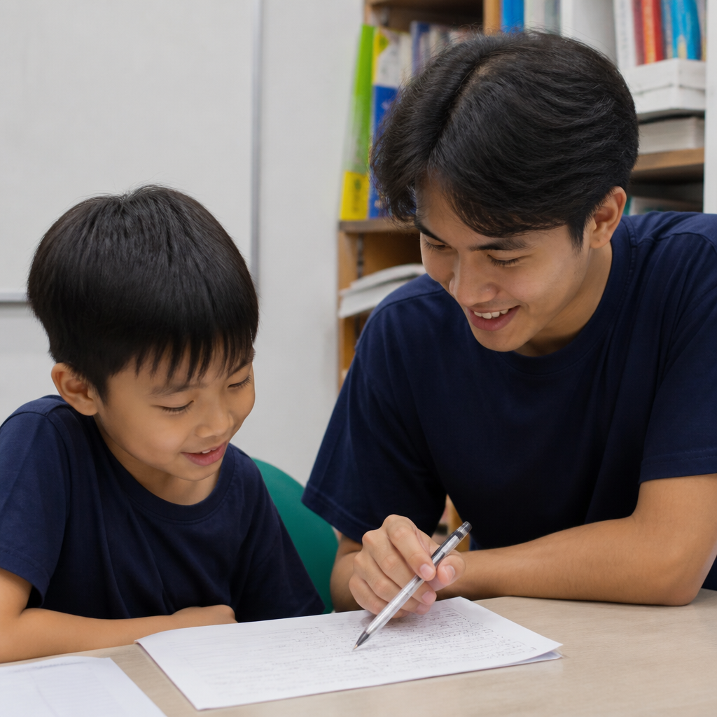 A tutor helping a child with primary school composition writing in a Singapore tuition setting.