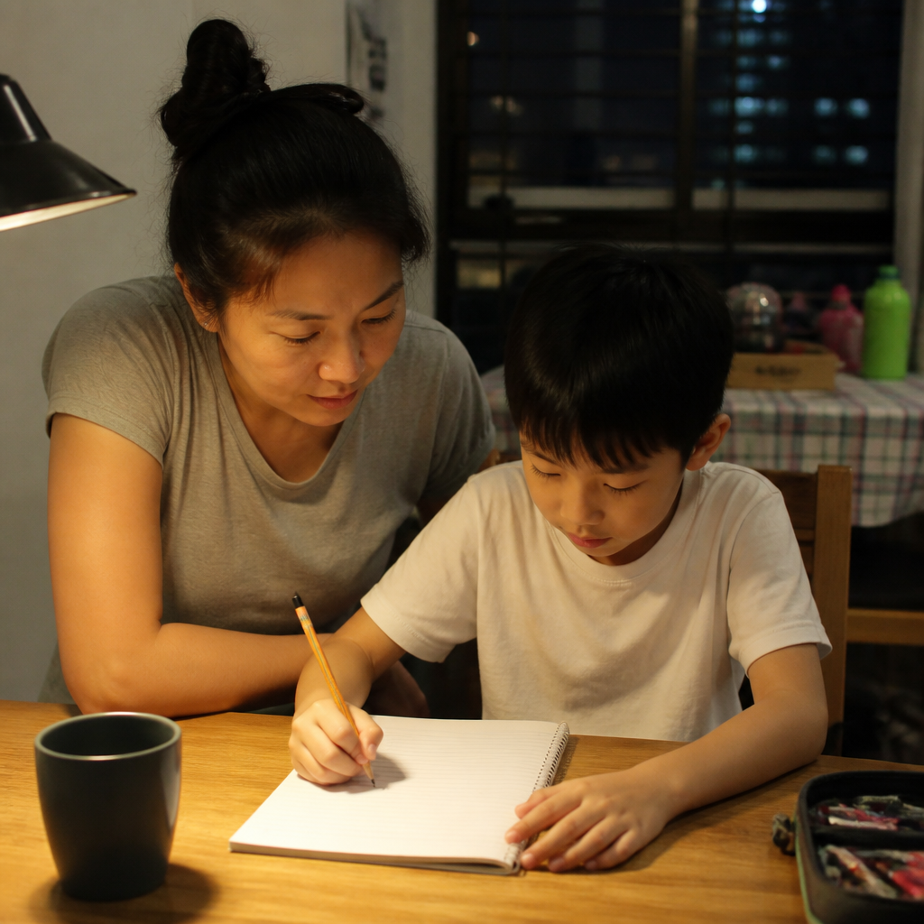 Asian mother and child struggling with primary school composition writing at a HDB dining table in Singapore.