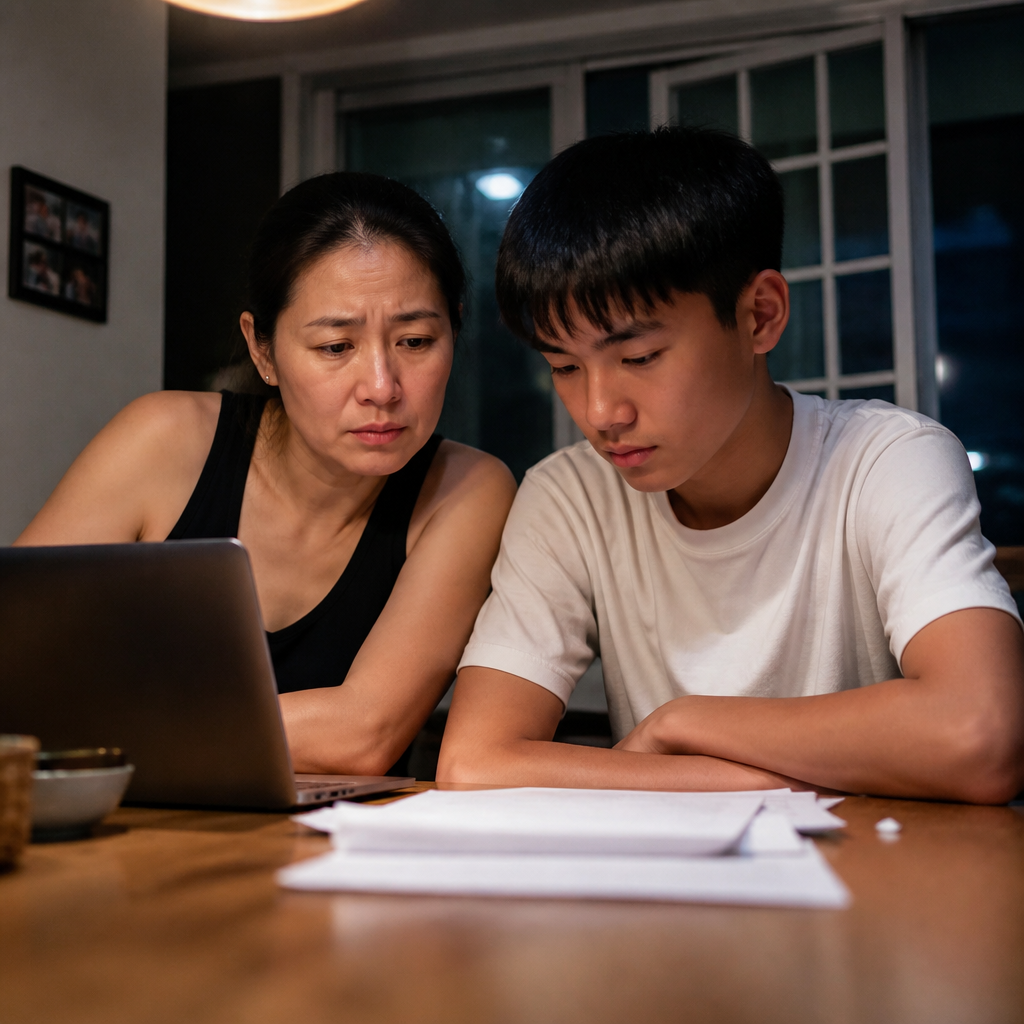 A Singapore family quietly discussing A-Level results at home, reflecting the stress of retaking A Levels in Singapore.