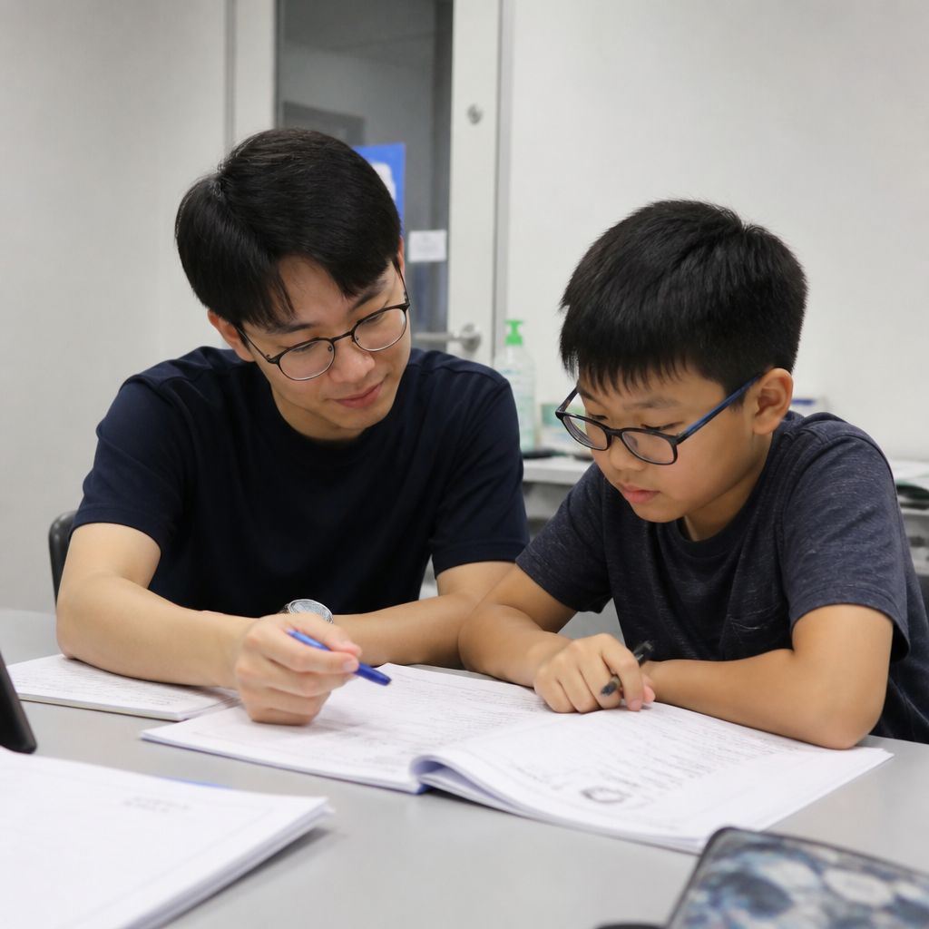 A Singapore tutor helping a Primary 6 student review PSLE corrections in a small tuition centre.