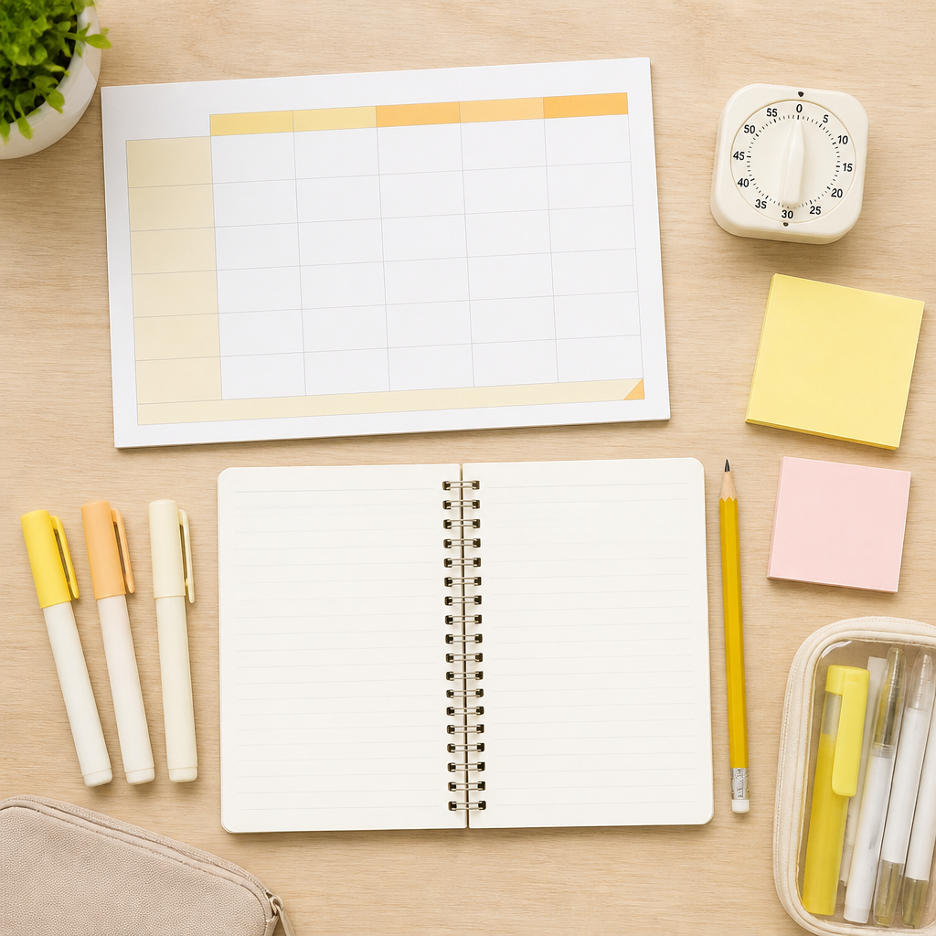 A clean flat lay showing PSLE study planning tools for a calm revision routine.