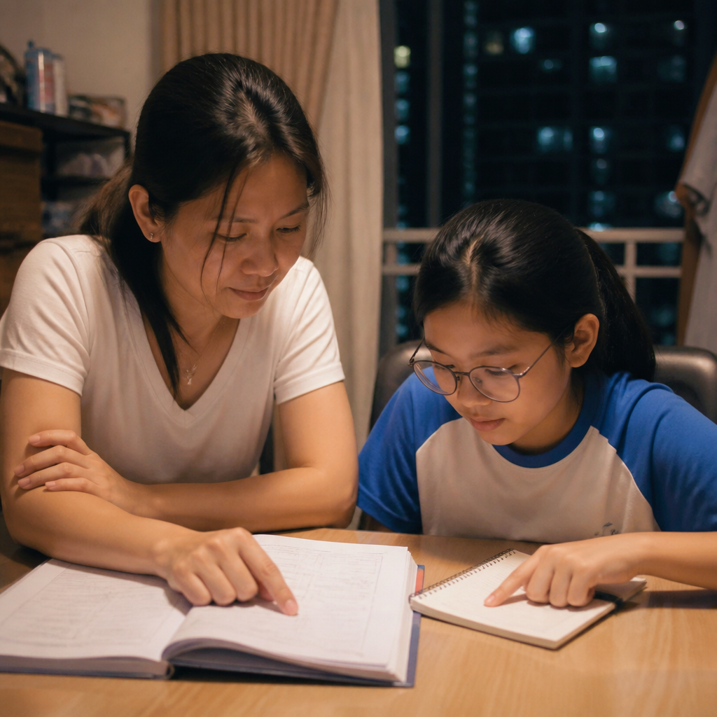 A Singapore mother and child revising together for PSLE at a dining table in a warm home setting.