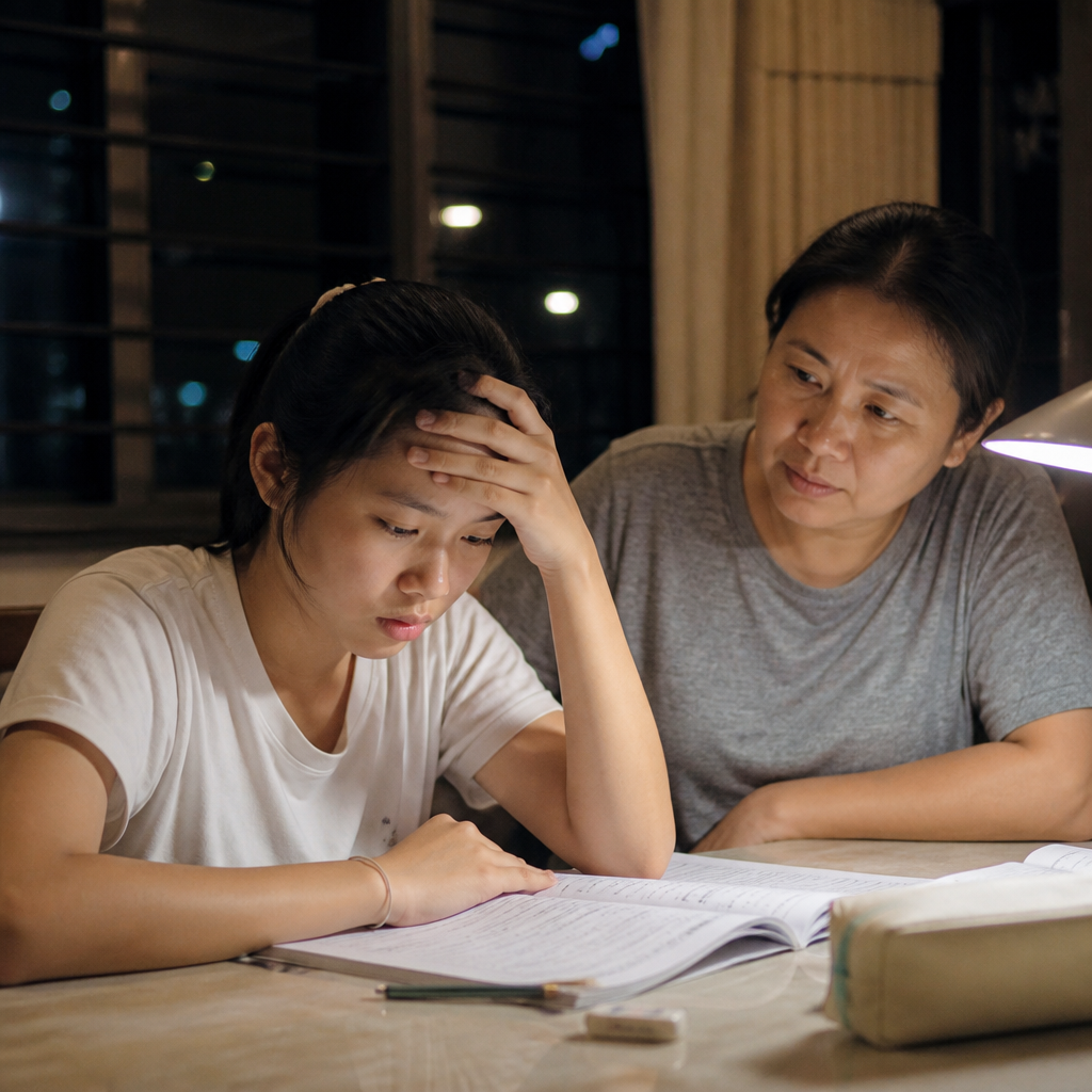 A Singapore student feeling overwhelmed at a HDB dining table while studying for exams, capturing the pressure of exam stress and anxiety.