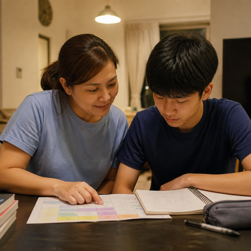 A supportive Singapore parent helping a teenager cope with exam stress and anxiety at home with a calm study routine.