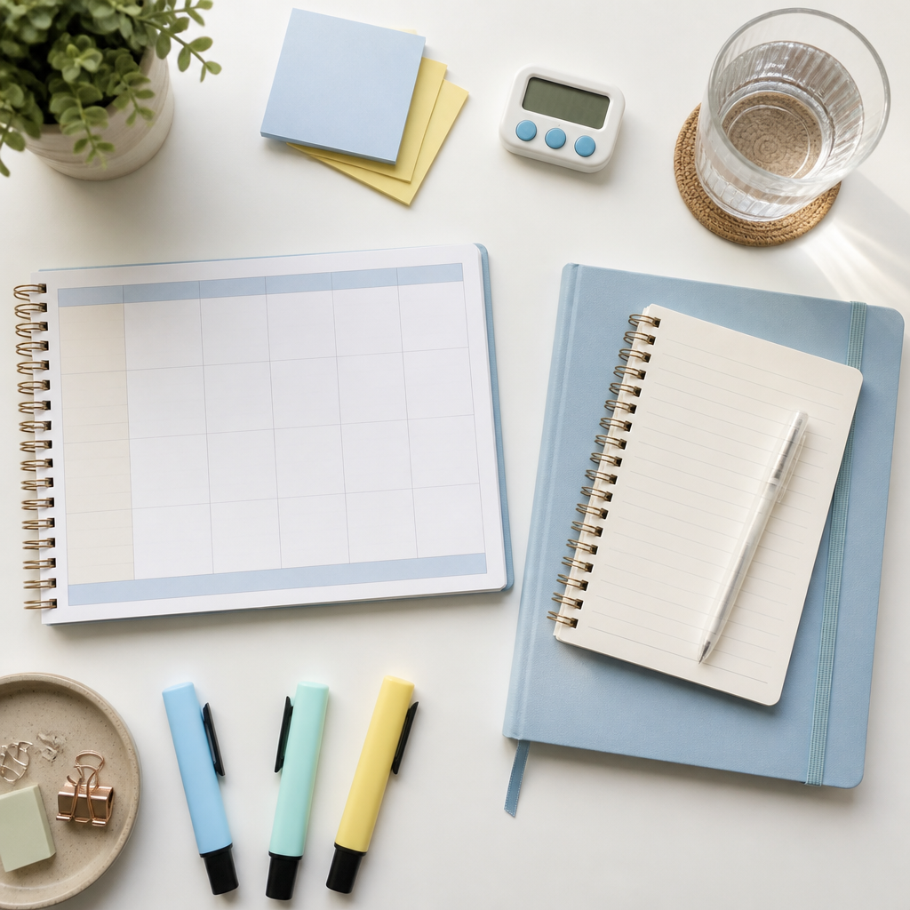A calm study flat lay showing revision tools for managing exam stress and anxiety with better sleep, breaks, and planning.