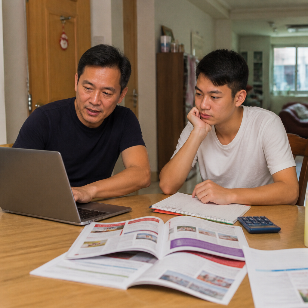 Singapore parent and student planning university course choices with brochures and laptop on a dining table.
