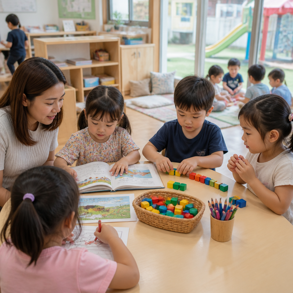 A Singapore preschool classroom showing story time and hands-on learning activities.