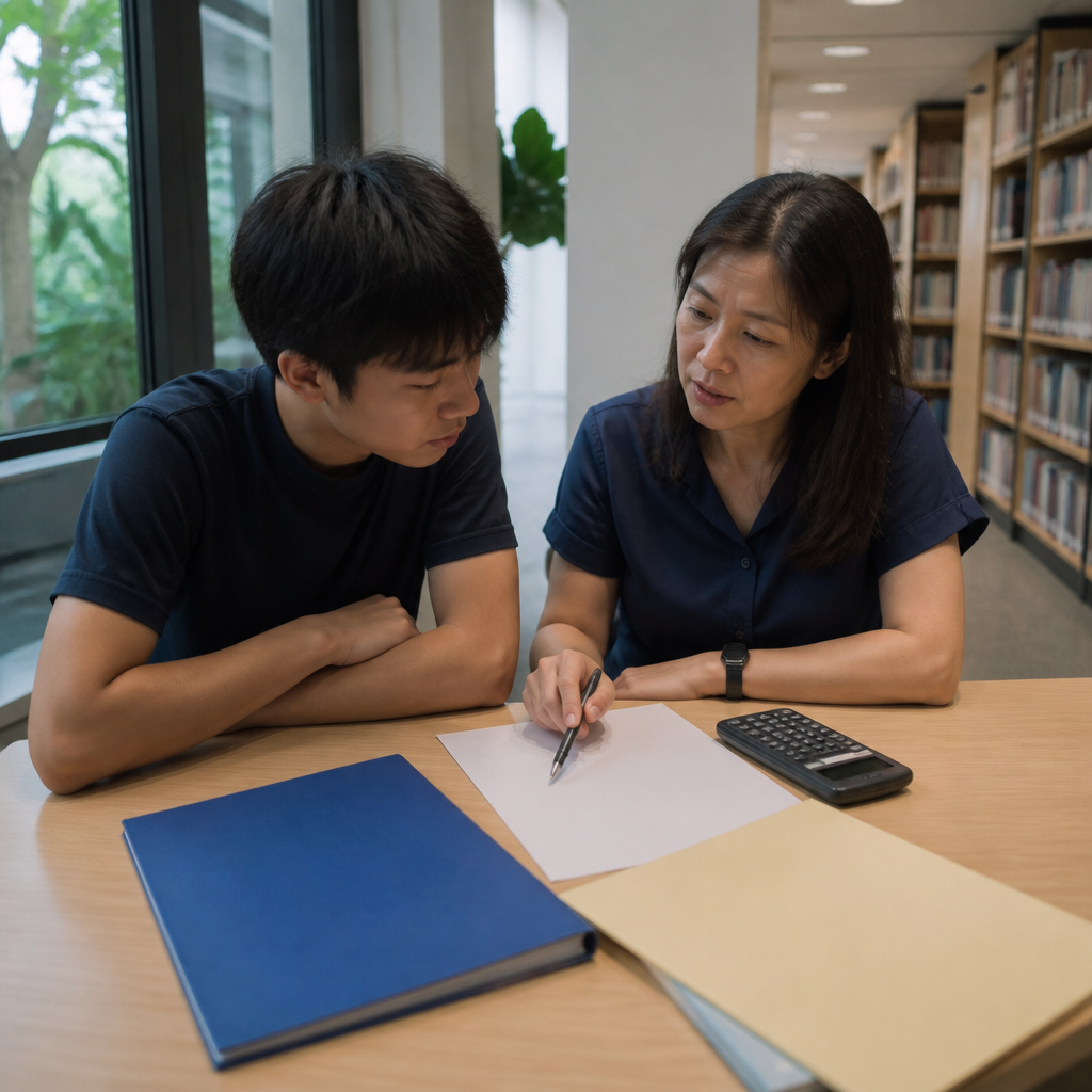Student and parent comparing pathways and deciding whether to retake O-Level English.