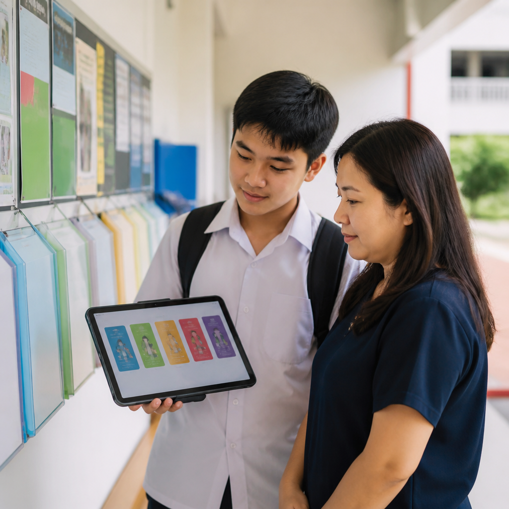 A student and parent comparing different post-secondary pathways in Singapore.