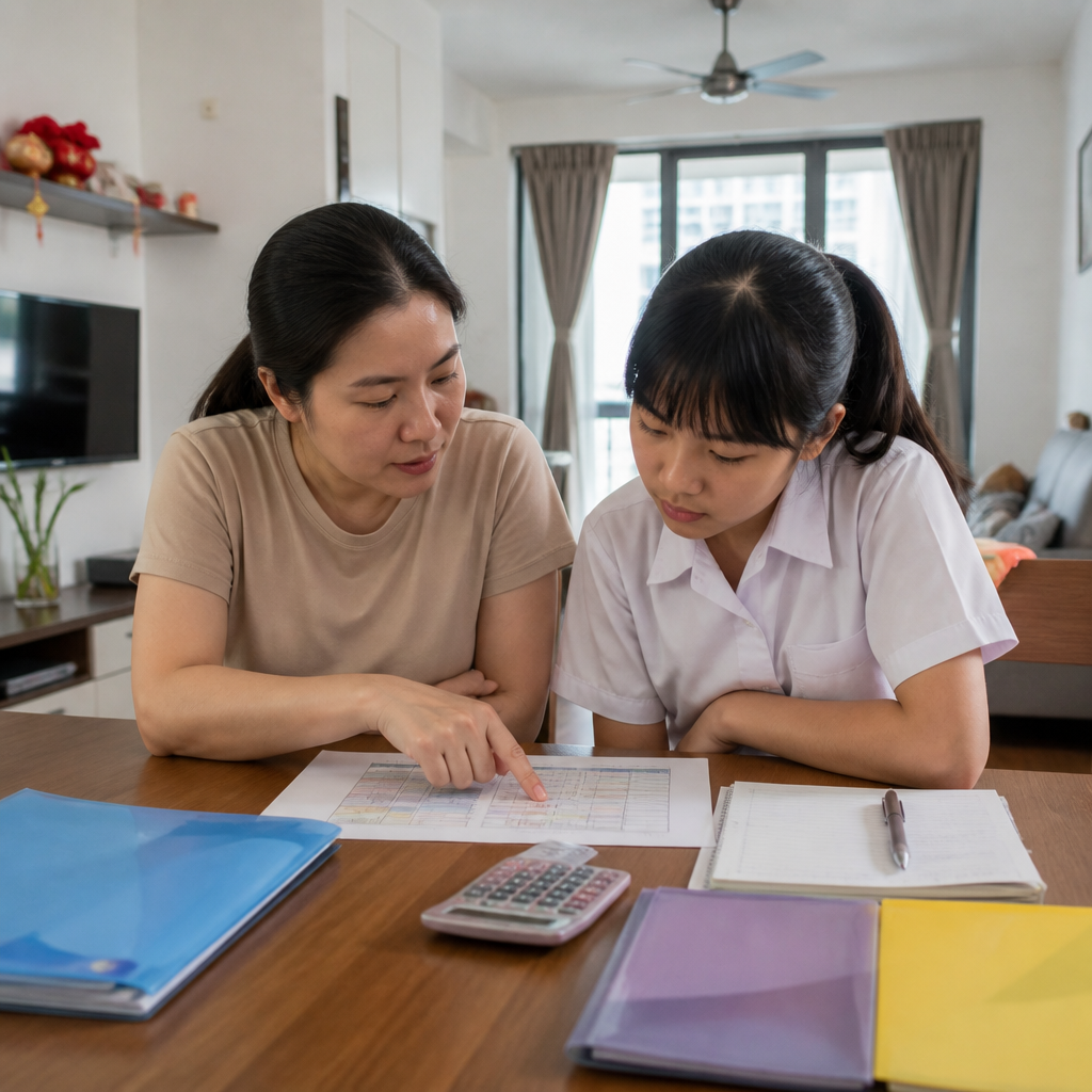 A Singapore parent and child reviewing secondary school subjects and timetable at home.