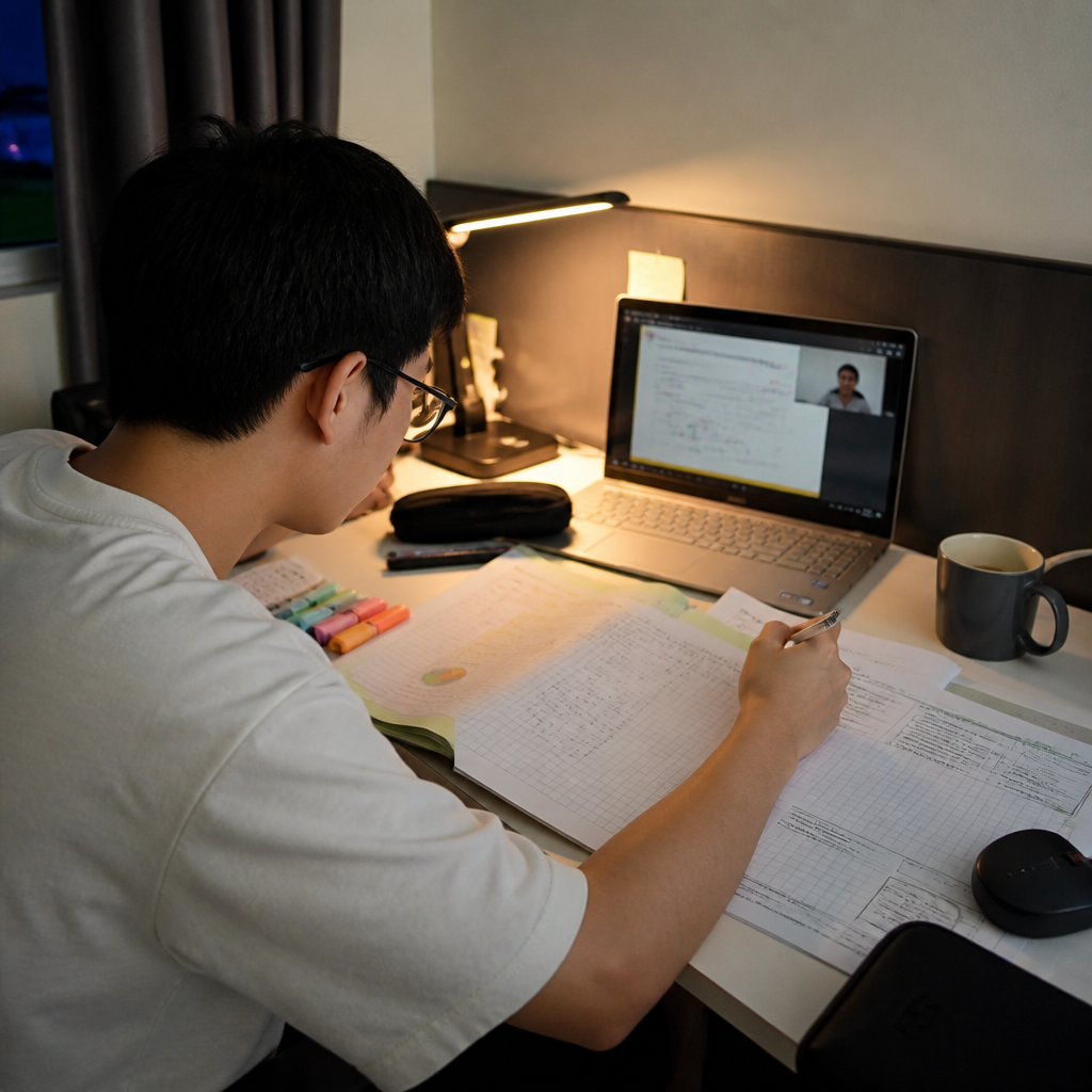 A JC student revising subject by subject to improve rank points for the A-Levels.