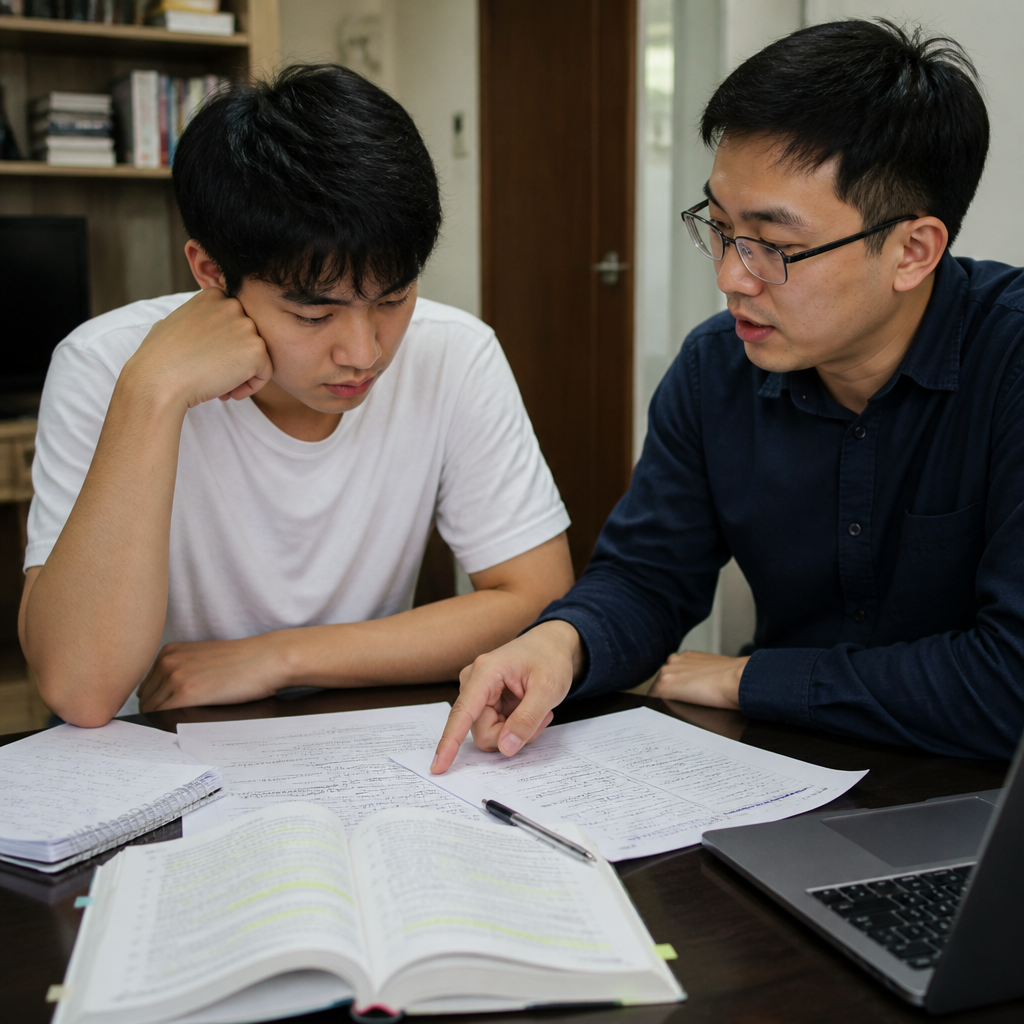 A tutor helping a JC student with essay planning for Knowledge and Inquiry.