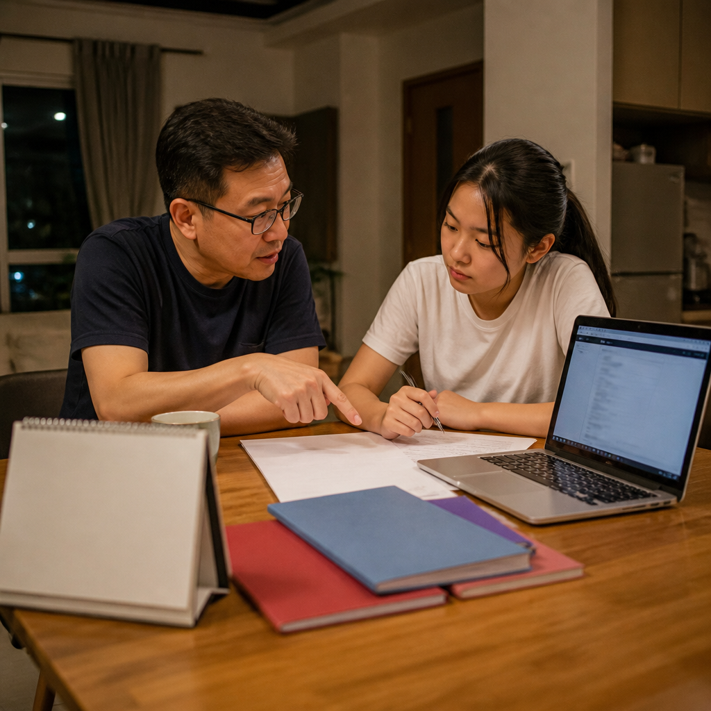 A parent and teen reviewing JC subject choices and comparing Knowledge and Inquiry options.