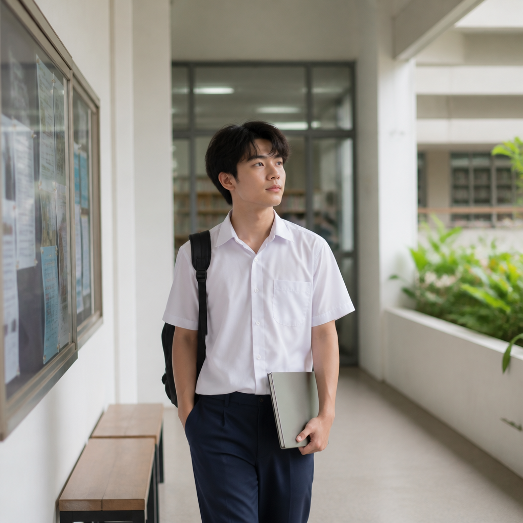 A junior college student walks through a Singapore school corridor while thinking about university pathways.