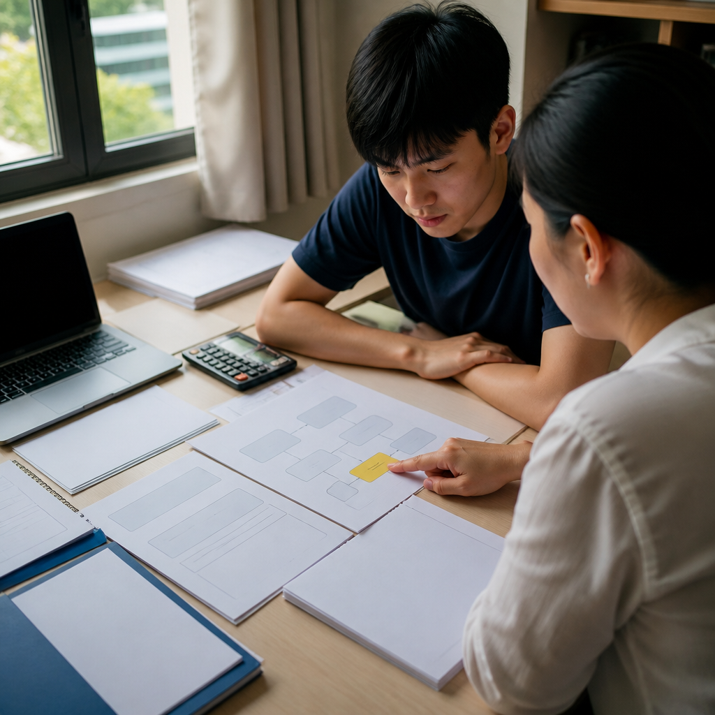 A JC student and parent compare university pathways and competitive course choices in Singapore.