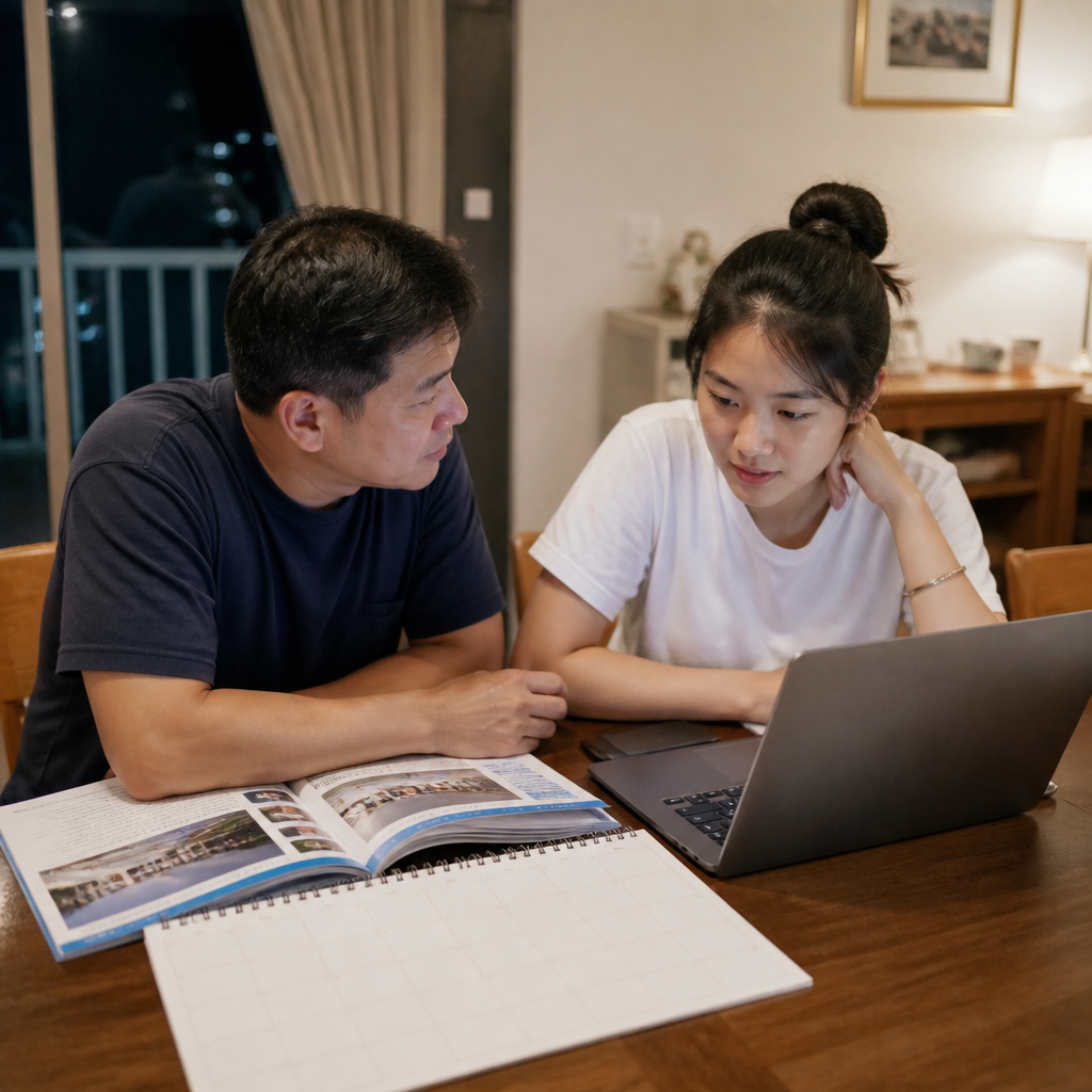 A Singapore parent and JC student discuss university options at home after A-Level preparation.
