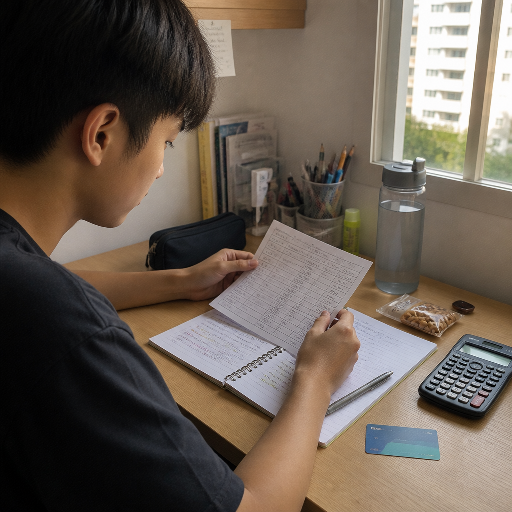 A student tracking small daily expenses beside study materials and an EZ-Link card.