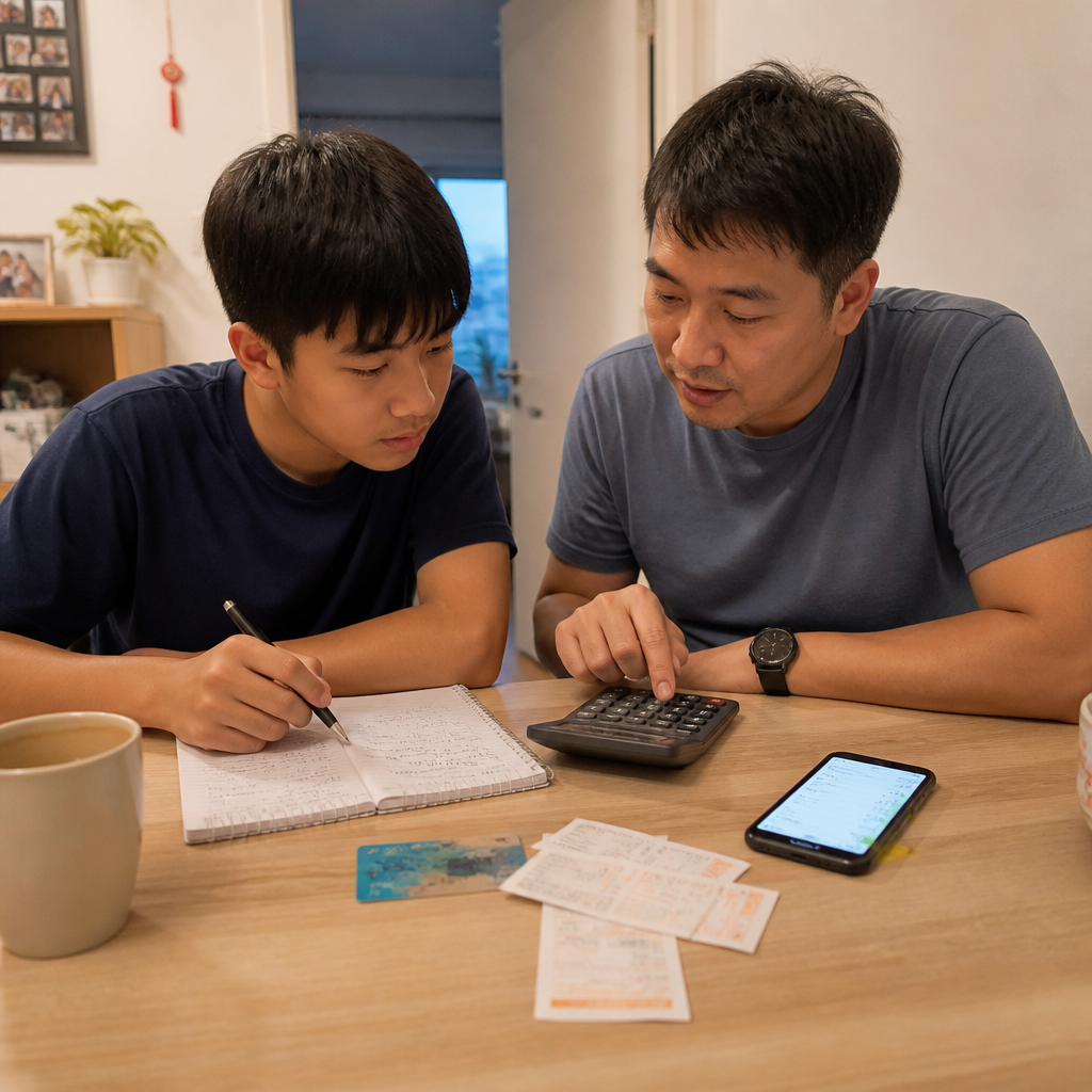 A parent and student discussing a simple weekly budget in Singapore.
