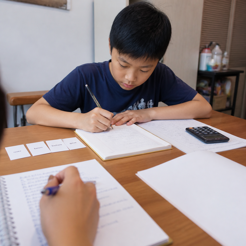 Primary school enrichment materials on a desk showing English writing and Math reasoning practice.