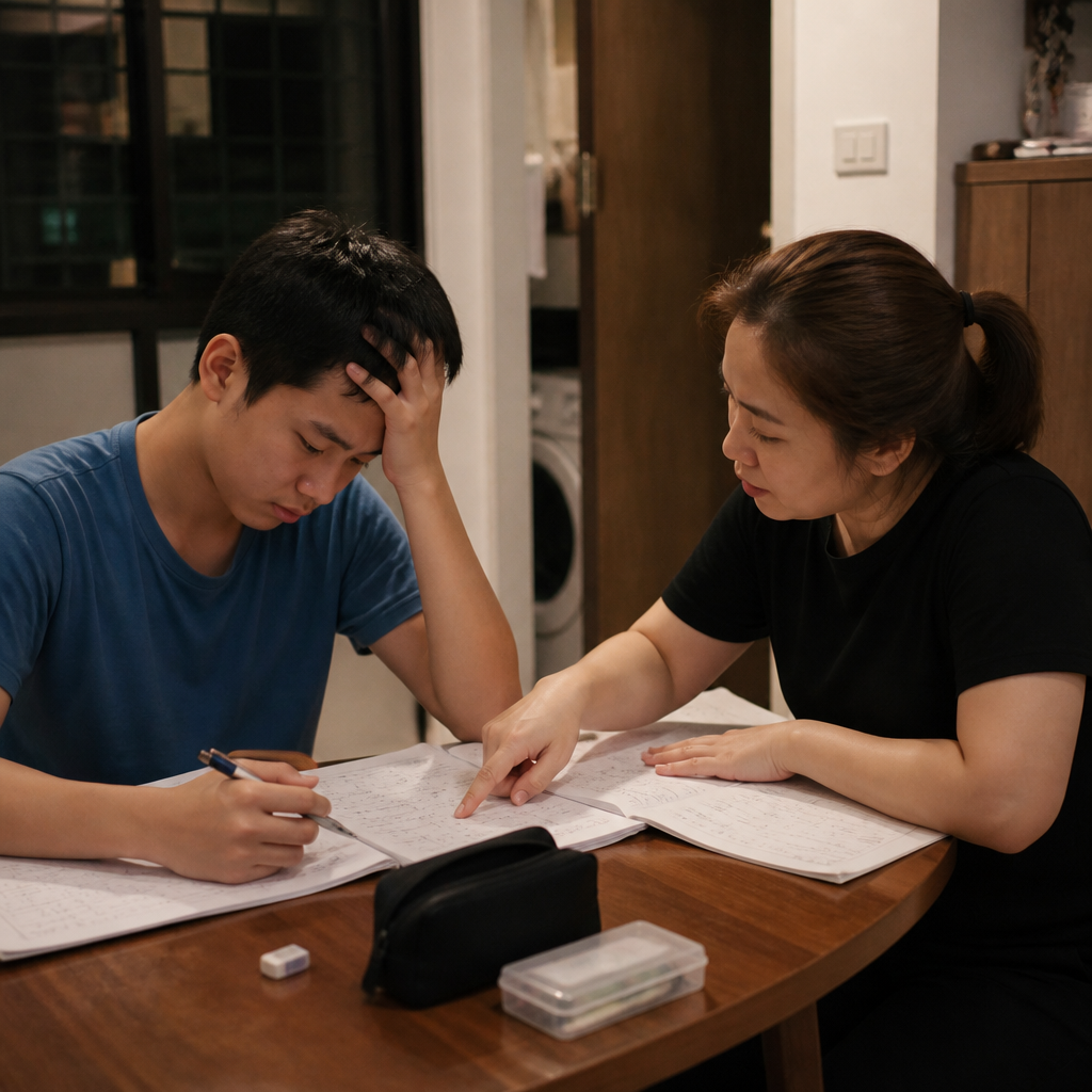 A Singapore parent and child reviewing Math homework at home after repeated mistakes.