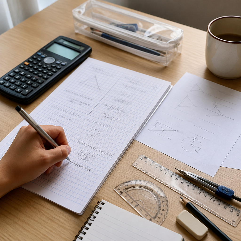 A Math study desk with calculator, graph paper, and geometry tools for exam revision.