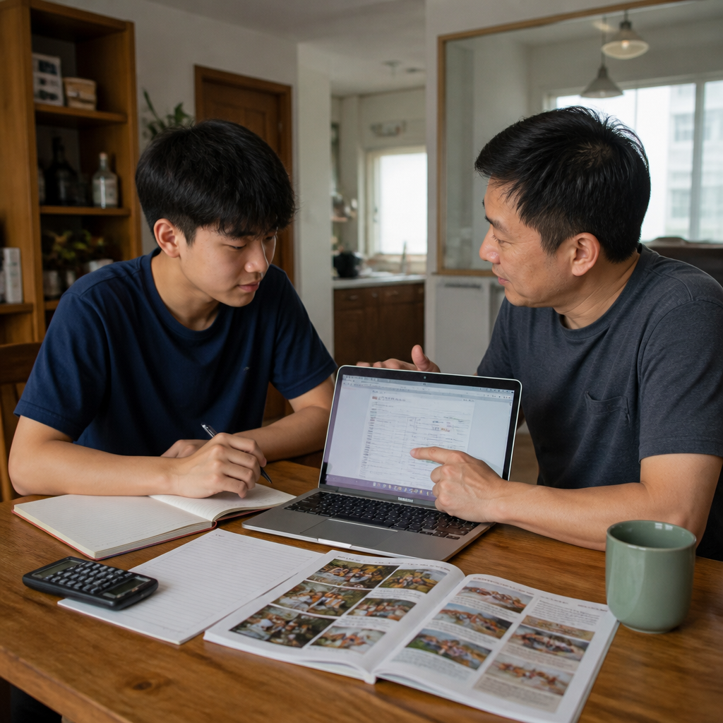 A Singapore parent and teenager discussing JC subject combinations and H2 Math choices at home.