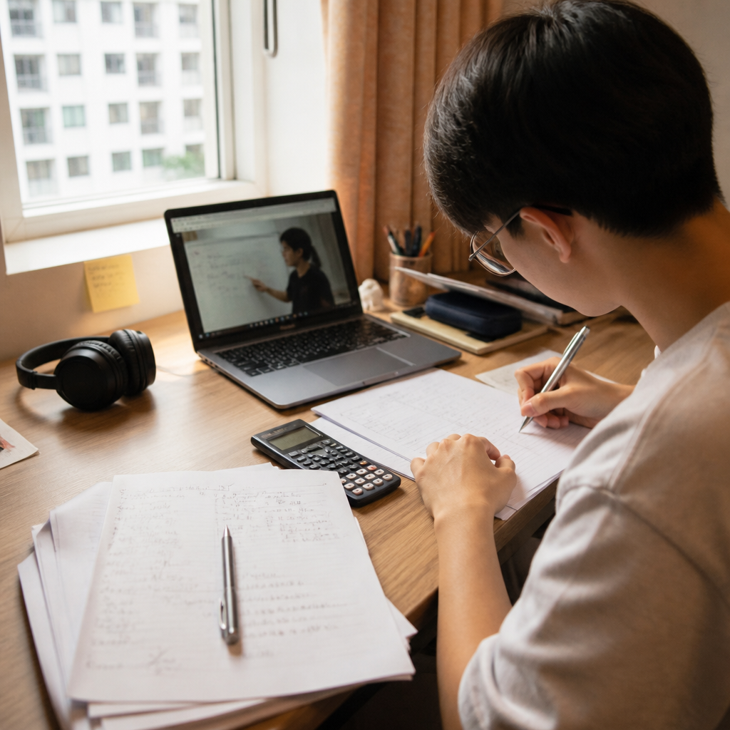 A JC student reviewing H2 Math mistakes at a study desk in Singapore.