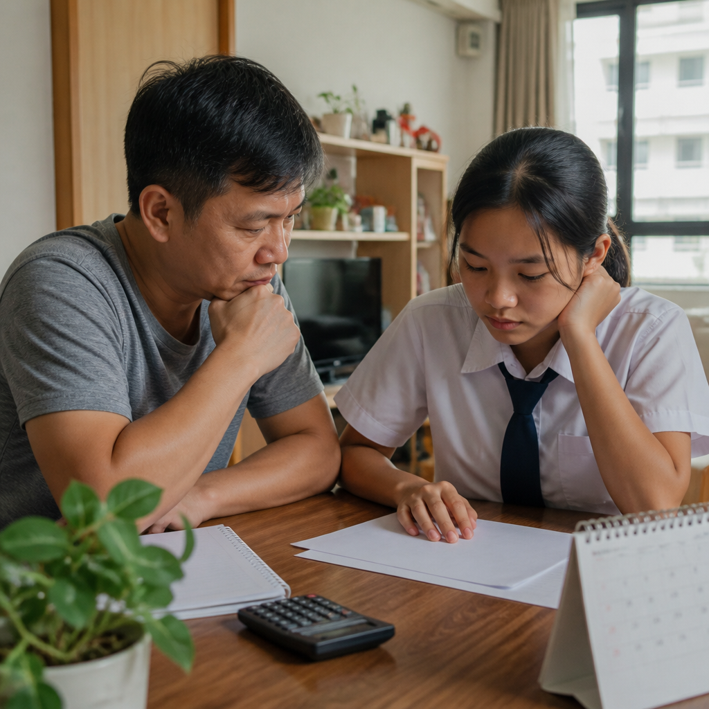A parent and secondary school student reviewing Math subject choices at a Singapore dining table.