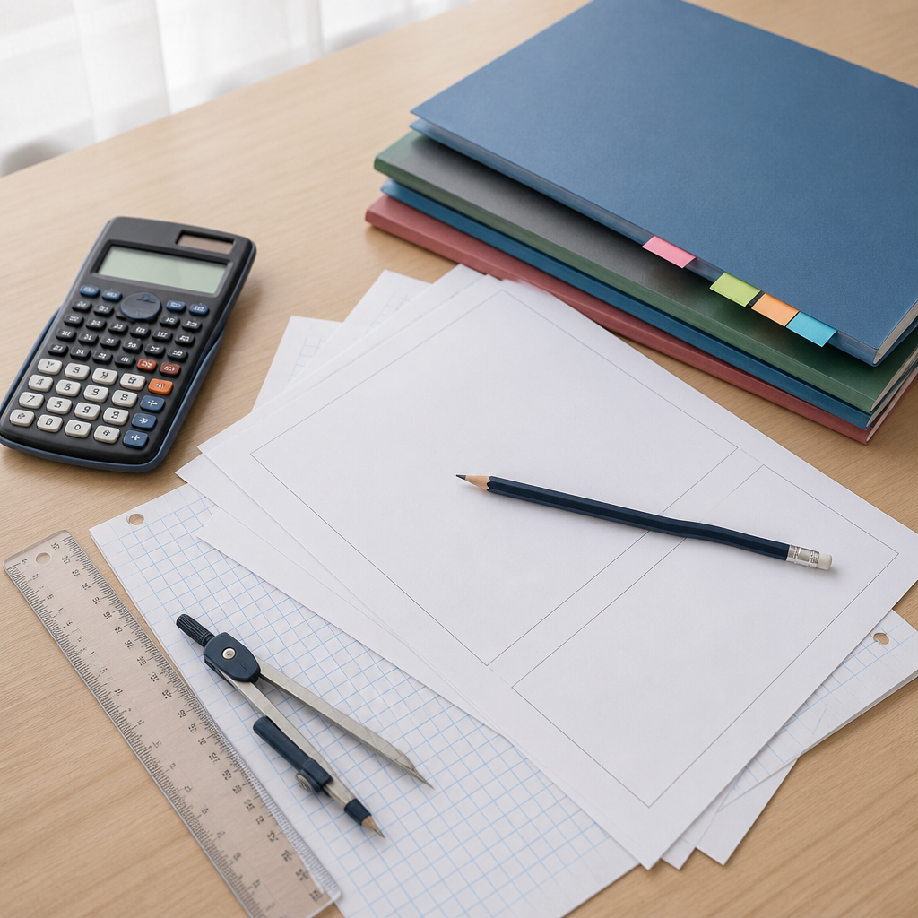 Secondary Math revision materials arranged on a desk to represent EMath preparation for school exams.