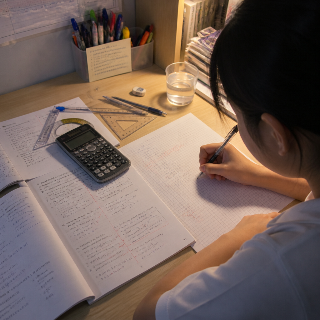 A secondary student working through EMath corrections and practice questions at a study desk.