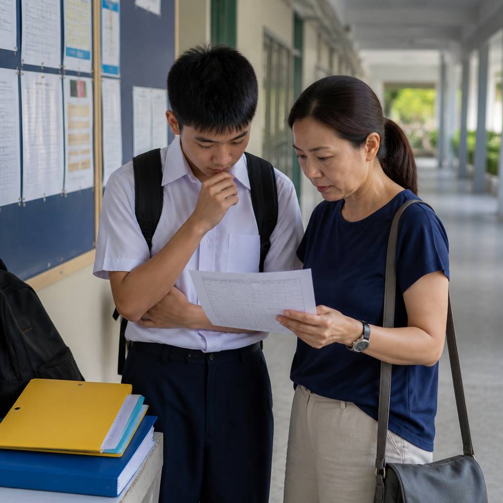 A parent and student comparing O-Level pathway choices before deciding on A Math.