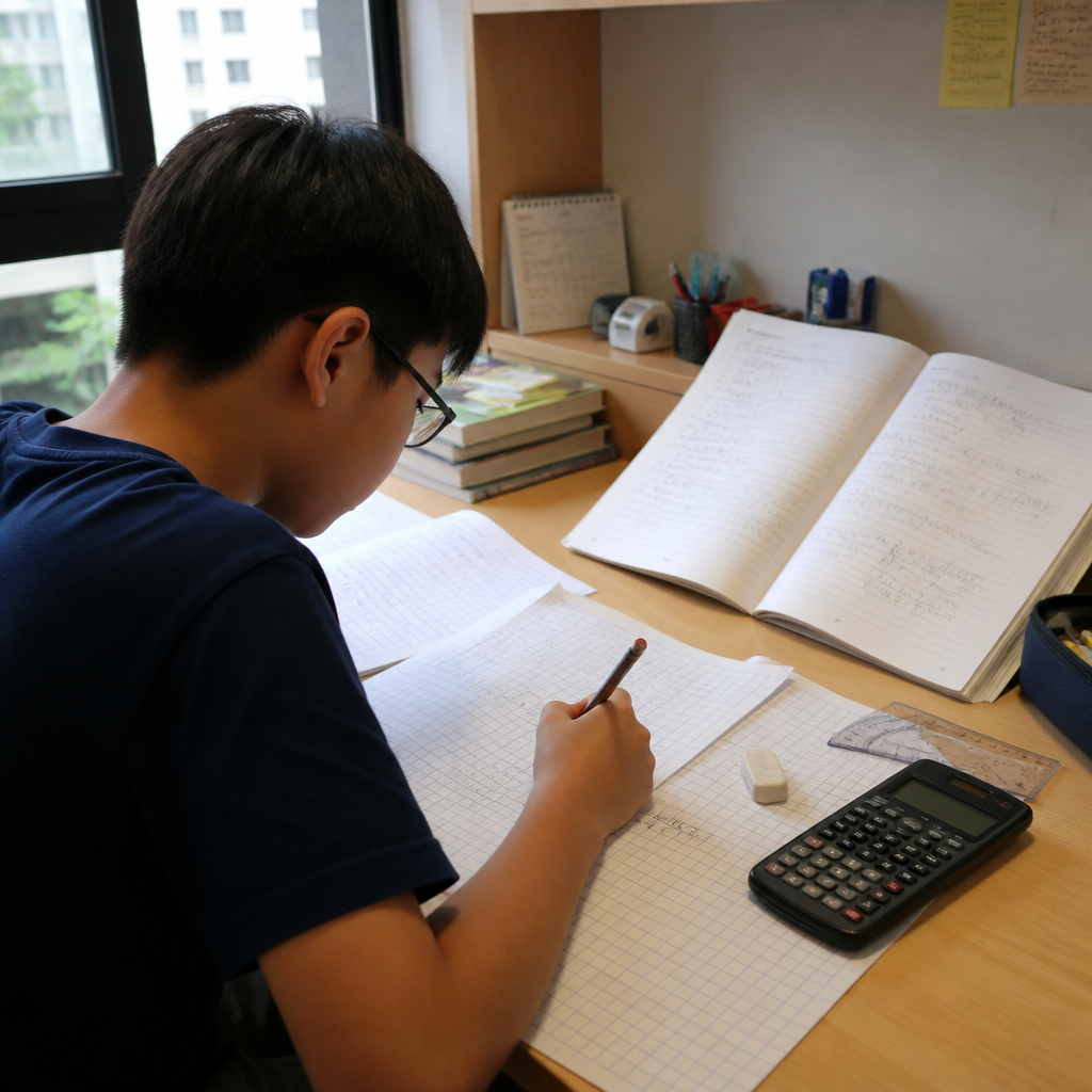 A student practising algebra at a desk for Additional Mathematics in Singapore.