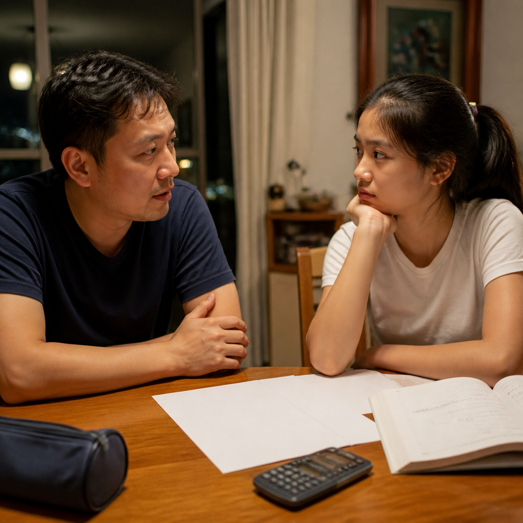 A Singapore parent and child reviewing subject choices and considering whether to take A Math.