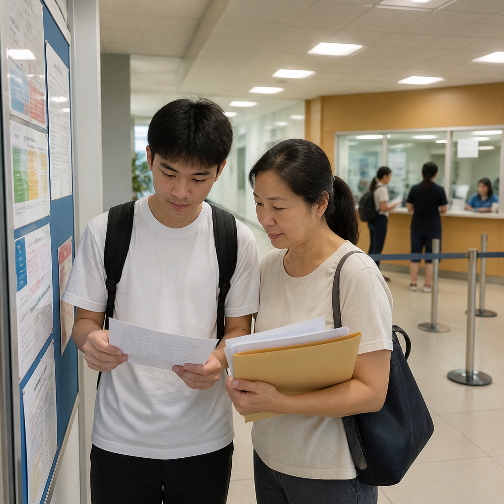 A student and parent checking MOE Tuition Grant paperwork in a Singapore school environment.