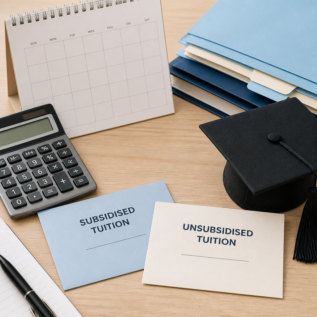 A symbolic desk scene showing the planning and cost considerations behind the MOE Tuition Grant.
