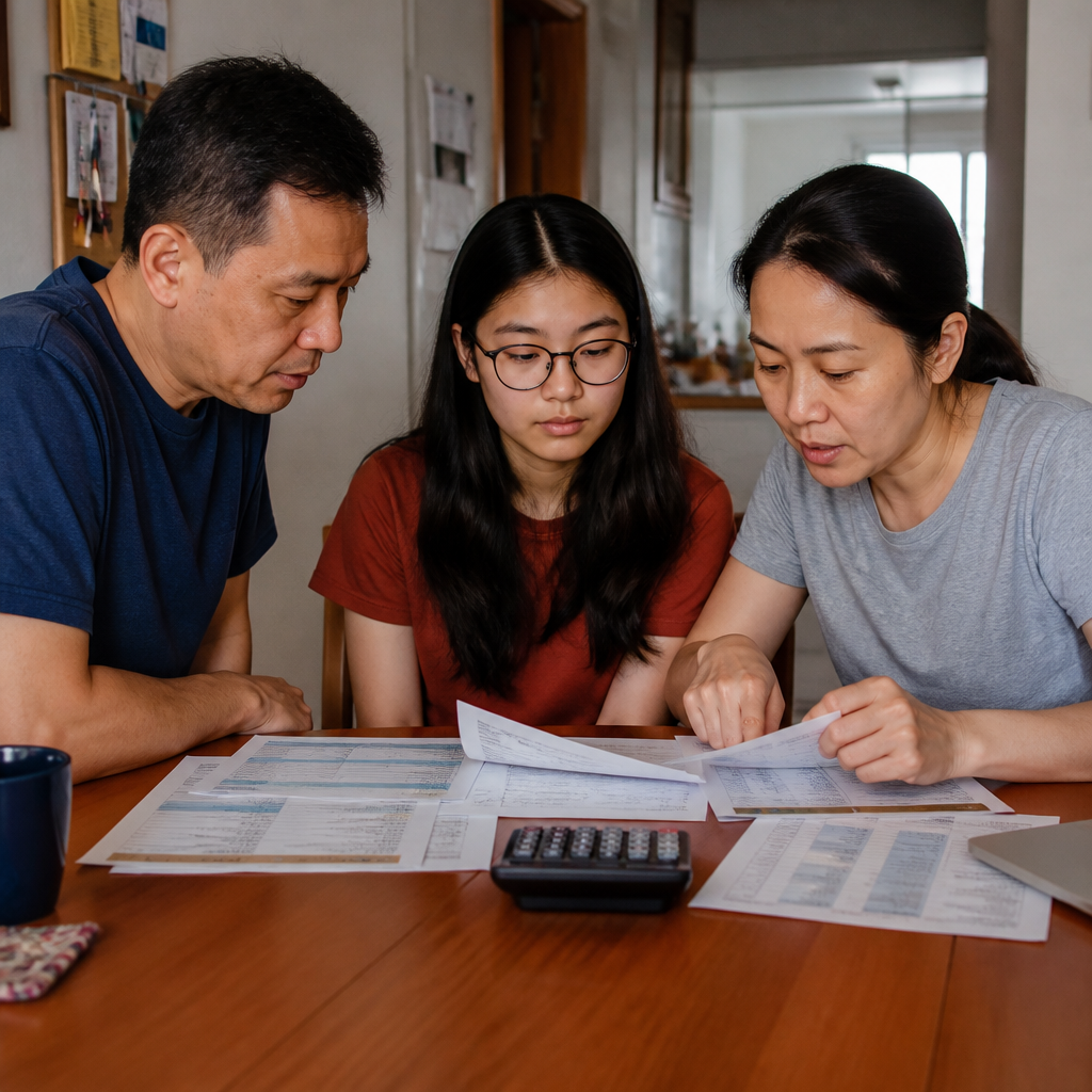 Singapore parents and a teenager reviewing MOE Tuition Grant fee options at home before choosing a post-secondary pathway.