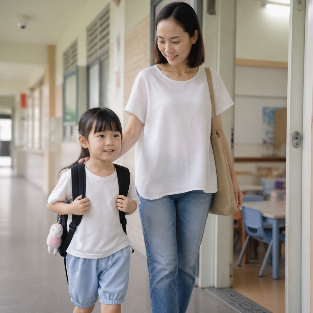 A child and parent arriving at a Singapore school setting that reflects the transition into MOE Kindergarten.