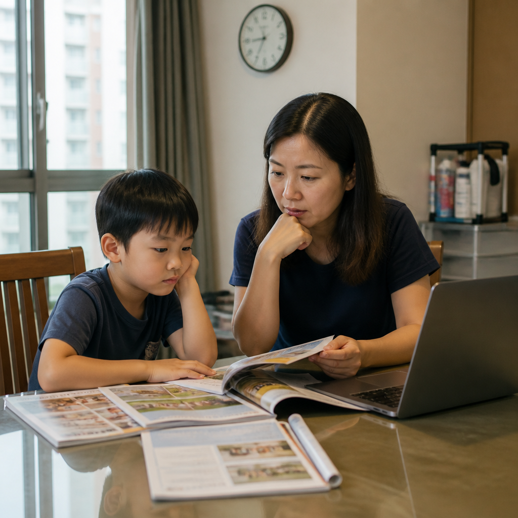 A Singapore parent reviews preschool options while comparing MOE Kindergarten and childcare choices at home.