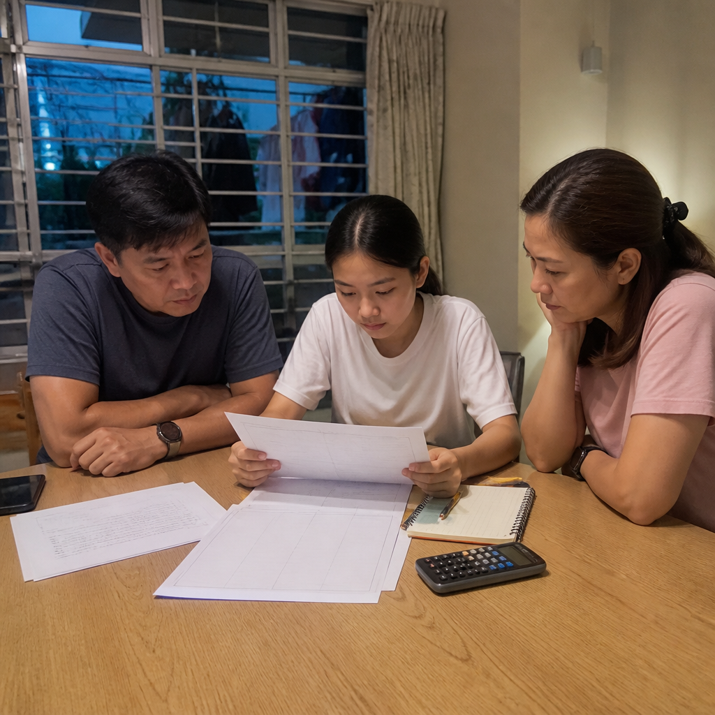 Singapore parents and a Sec 4 student reviewing O-Level options and score calculations at home.