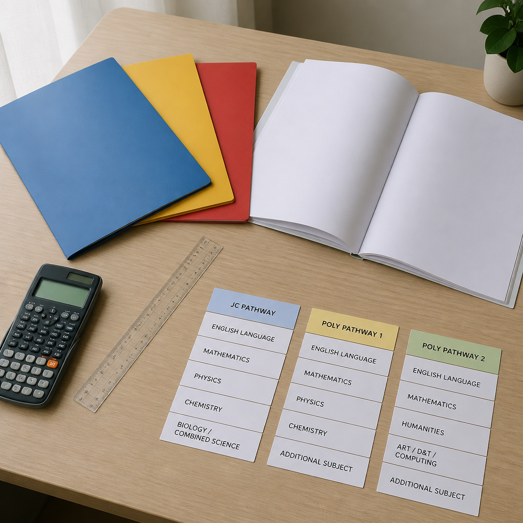 A study desk layout illustrating how the same O-Level report book can lead to different aggregates.