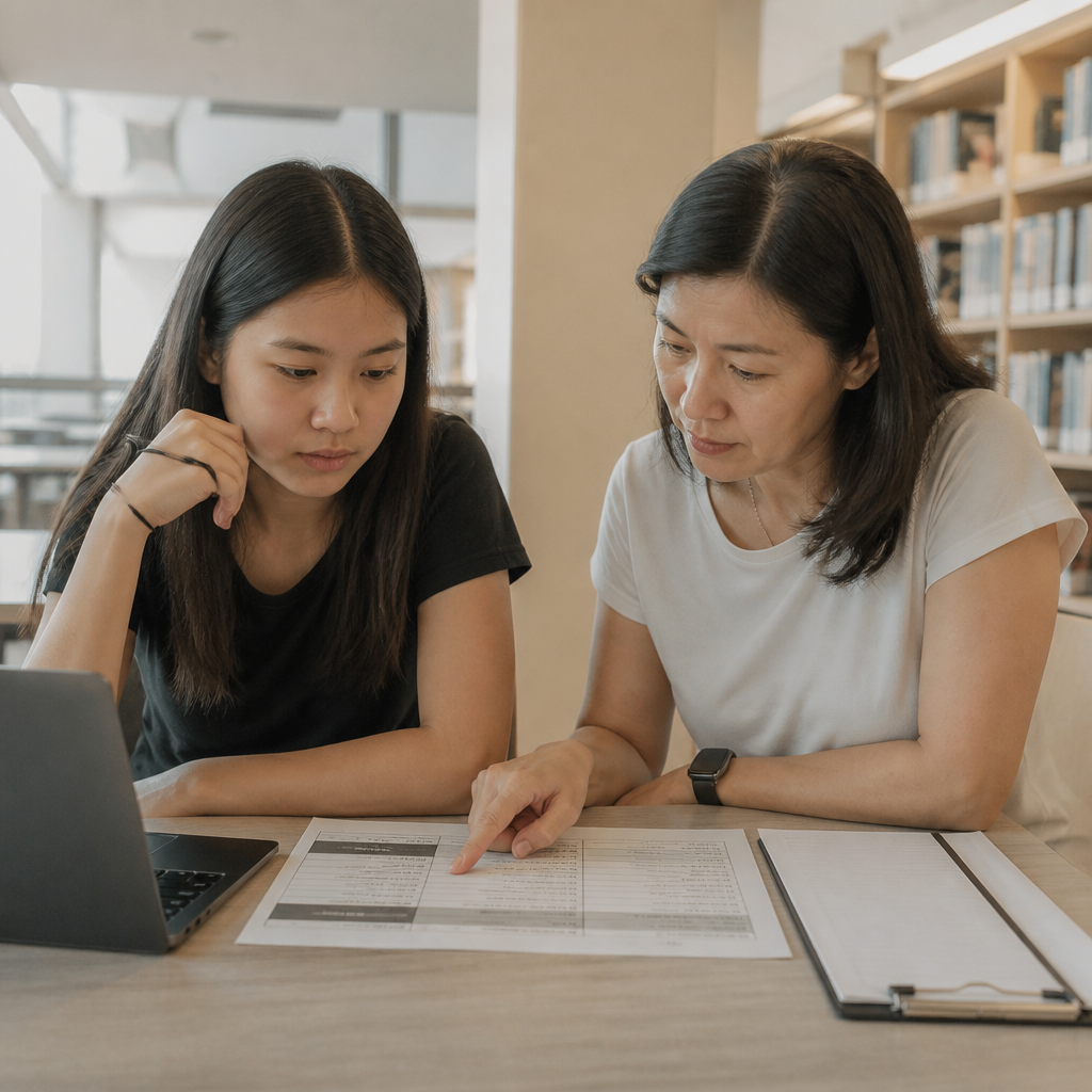 A parent and student discussing whether JC, Polytechnic, or MI is the best post-O-Level fit.