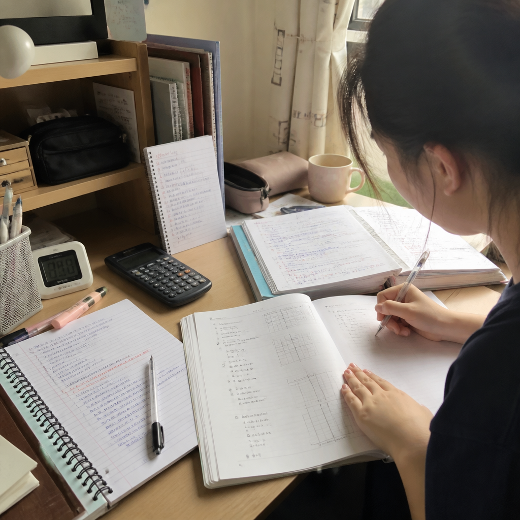 An O-Level student studies different subjects with worksheets, an error log, and a calculator at a desk.