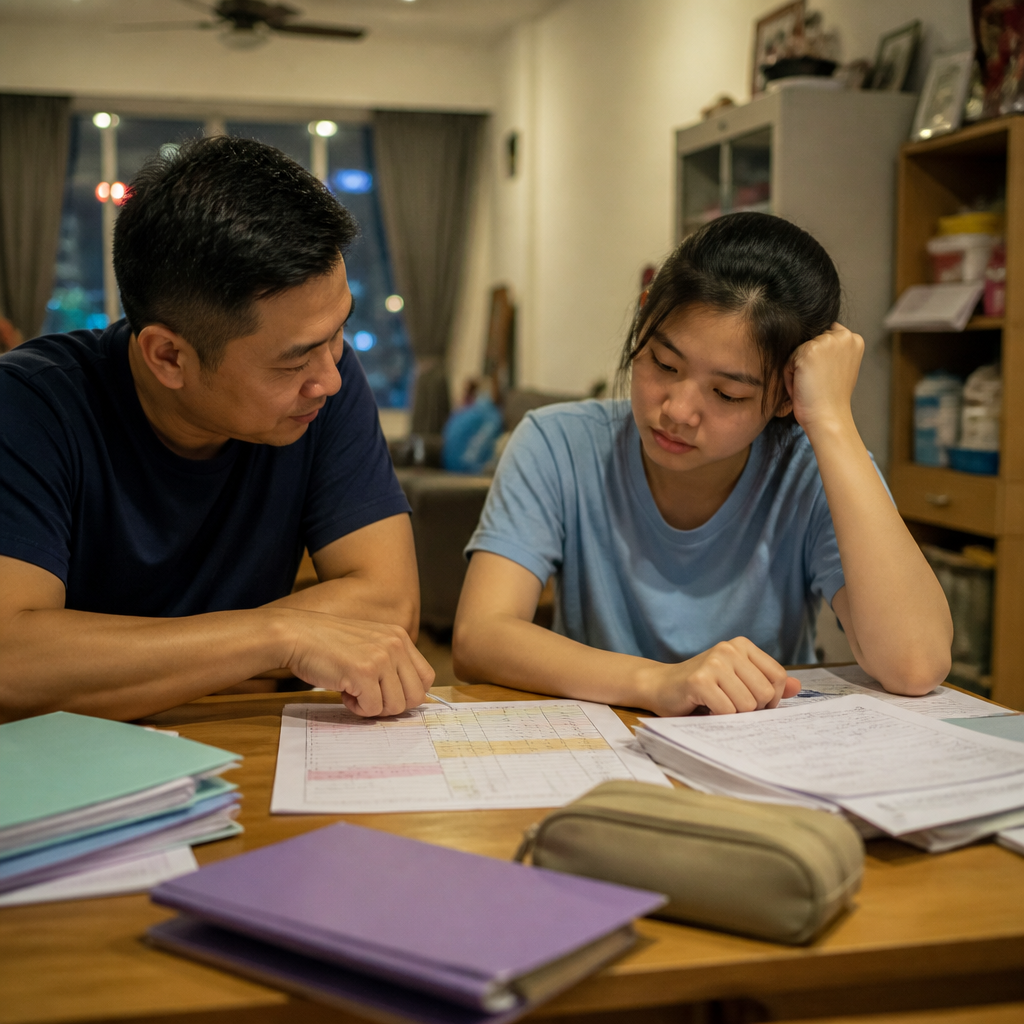 A Singapore parent and secondary student review an O-Level revision plan at home.